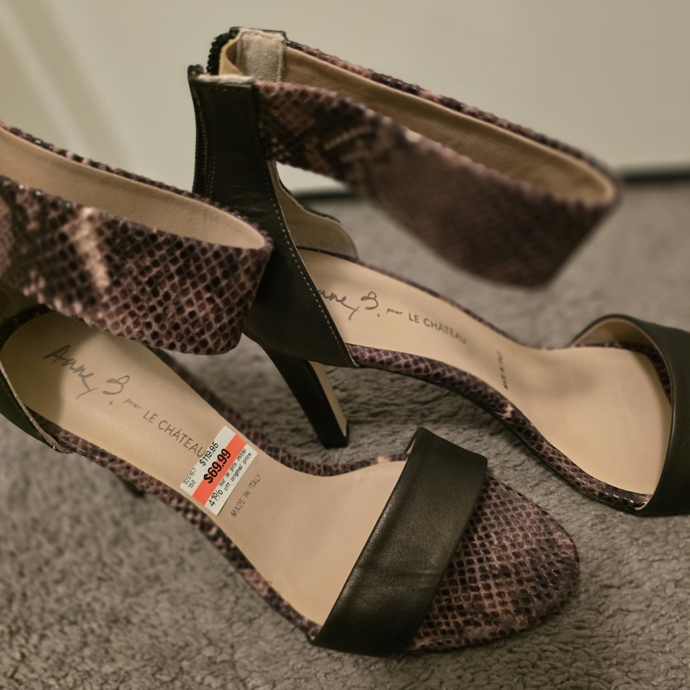Brown stiletto sandals with lovely snake print pattern
